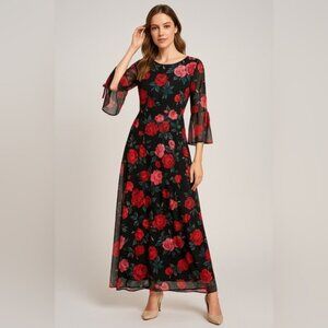 Women’s Black Floral Maxi Dress with Sheer Bell Sleeves – Size M